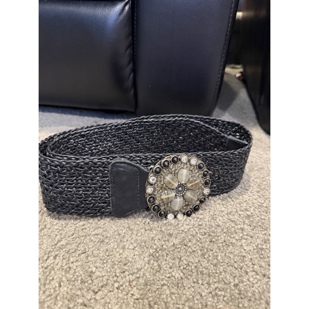 Bebe Leather Rock Circular Buckle Women's Belt Black 5594 Made In USA Size Small